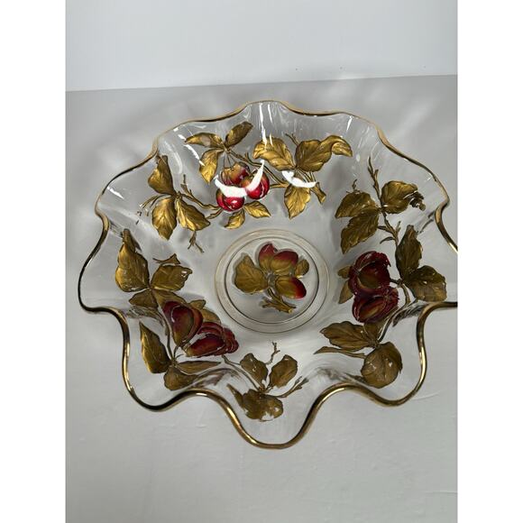Vintage Glass Intaglio Fruit Bowl Goofus Glass Ruffled Gold Rim Red Fruit - Picture 12 of 14